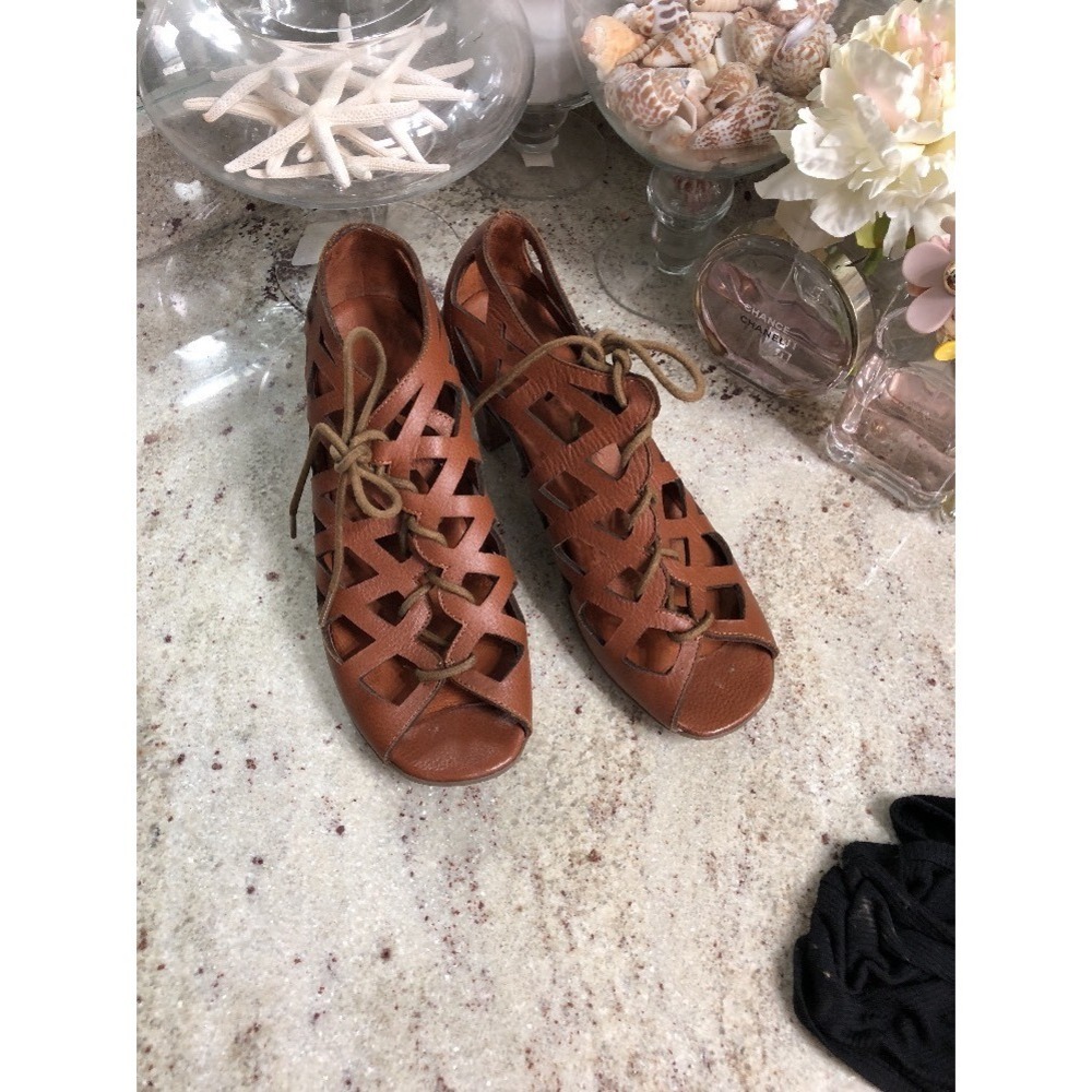 Gentle Souls Drew Dokey Tan Leather Gladiator Lace Up Heel Sandals Women 7.5